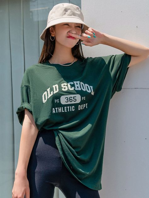 Dark Green Casual Collar Half Sleeve Polyester Letter  Embellished Medium Stretch Summer Women Tops, Blouses & Tee Drawing Fabric, Trendy Shirt Designs, Drop Shoulder Tee, Vetements T Shirt, Bodycon Dress Parties, Kids Style, Women T Shirts, Dress Cuts, Women Tops