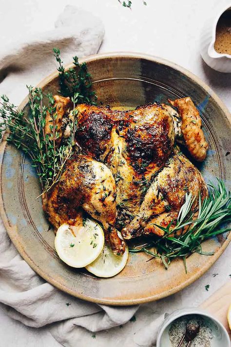 Paleo Roasted Chicken, Roasted Spatchcock Chicken, Simple Roast Chicken, Chicken With Rosemary, Paleo Holiday Recipes, Butterflied Chicken, Roast Chicken Recipe, Lemon Herb Chicken, Easy Roast Chicken