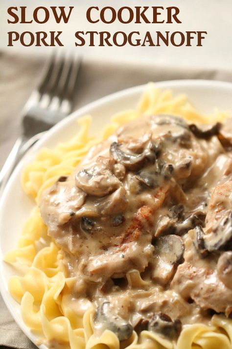 Slow Cooker Pork Stroganoff | Six Sisters' Stuff Six Sisters Stuff Recipes Slow Cooker, Pork Stroganoff Crockpot, Slow Cooker Pork Stroganoff, Pork Stroganoff Recipes Mushroom Soup, Pork And Noodles Slow Cooker, Slow Cooker Pork Casserole, Cubed Pork Recipes Slow Cooker, Pork Cutlets Crockpot, Pork Stroganoff Recipes