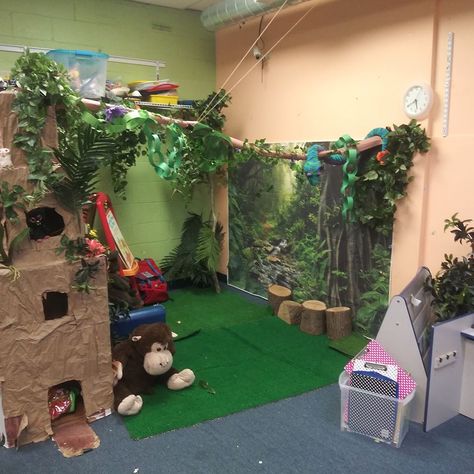 Rainforest and Desert Habitat Theme for the Classroom   At First Step Childcare Center in Watertown, Massachusetts they spent the month of February talking about animals and their habitats! Animal Habitat Classroom Decor, Animal Area Childcare, Childcare Room Themes, Rainforest Dramatic Play Preschool, Rainforest Dramatic Play, Forest Animals Theme, Childcare Rooms, Rainforest Theme, Outdoor Learning Spaces