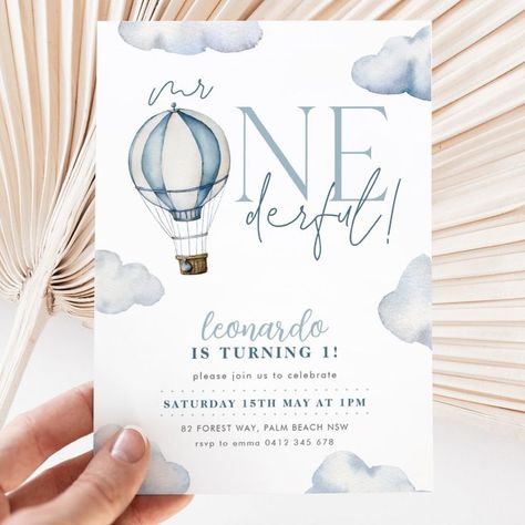 Mr ONEderful Hot Air Ballon Boy 1st Birthday Blue Air Balloon Invitation, First Birthday Decorations Boy, Hot Air Balloon Invitation, Mr Onederful Birthday, Mr Onederful, Hot Air Balloon Party, Balloon Invitation, Baby Boy First Birthday, 1st Birthday Themes