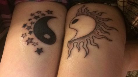 Best friend tattoos, yin yang, sun and moon Ying Yang Tattoo Moon And Sun, Sun And Moon Ying Yang Tattoo, Ying Yang Tattoo For Couples, Ying Yang Tattoo Best Friend, Yin And Yang Tattoos, Sun And Moon Matching Tattoos, Rs Tattoo, Tattoo For Couples, Ying Yang Tattoo