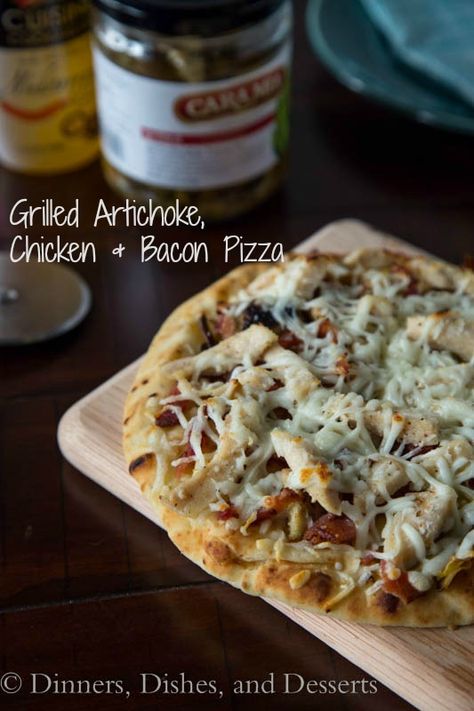 Grilled Artichoke, Chicken & Bacon Pizza Chicken Bacon Artichoke, Chicken Bacon Pizza, Artichoke Pizza, Grilled Artichoke, Bacon Pizza, Pizza Dinner, Artichoke Chicken, Grilled Pizza, Chicken Pizza