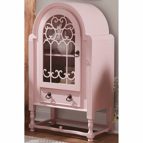 Hadley Blush Cabinet Cute Pink Furniture, Pink Interior Design Home Decor, Antique Hutches, Girly Farmhouse, Pink Dressers, Cottagecore Furniture, Pink Airbnb, Feminine Furniture, Antique Furniture Makeover