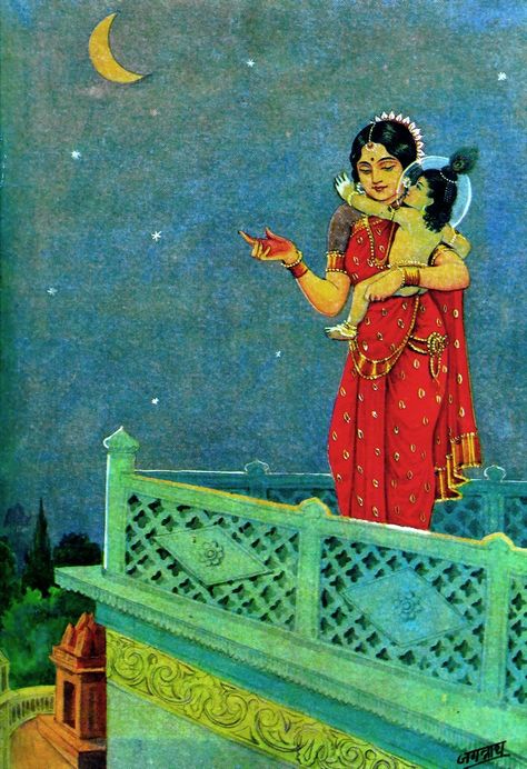 Gorgeous old Indian painting with Mother Yashoda and Baby Krishna. Love For Krishna, Yamuna River, Krishna Birthday, Yashoda Krishna, Indian Illustration, Bhakti Yoga, Lord Rama, Krishna Book, Little Krishna