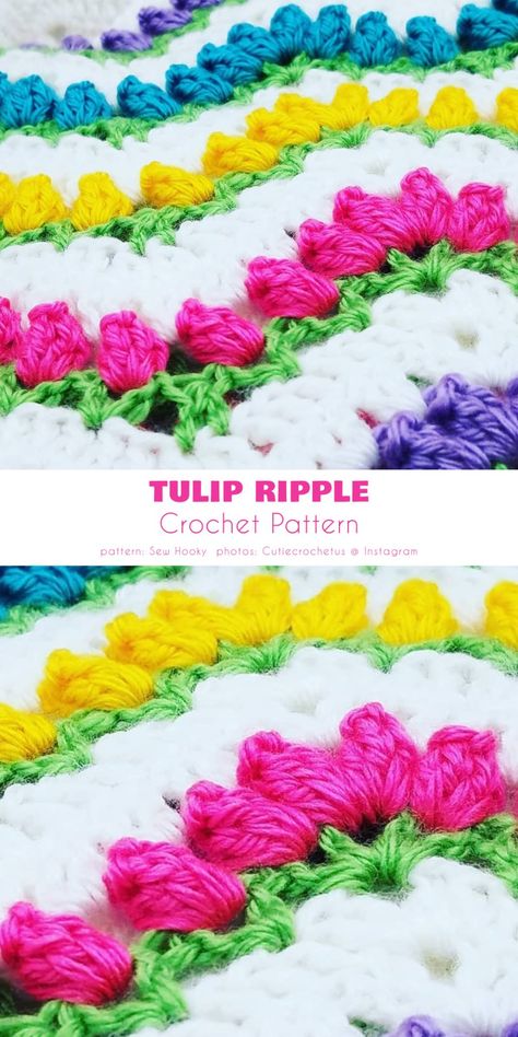 Tulip Ripple Blanket Tulip Granny Square Patterns, Tulip Granny Square Crochet Pattern, Tulip Stitch Crochet Blanket Pattern Free, Tulip Blanket Crochet Free Pattern, Tulip Stitch Crochet Blanket, Crochet Tulip Stitch Tutorial, Crochet Tulip Blanket, Tulip Stitch Crochet, Crochet Tulip Stitch