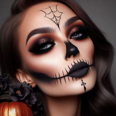 Pretty Sugar Skull Makeup, Grim Reaper Makeup Female Easy, Halloween Face Paint Women, Sugar Skull Makeup Half Face, Diy Catrina Costume, Skull Glam Makeup, Catrina Costume Diy, Sugar Skull Makeup Pretty, Katrina Makeup