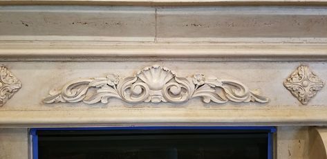 Wood Appliques On Fireplace, Fireplace Applique, Fireplace Mantle Designs, Painted Fireplace Mantels, Wooden Appliques, Ornate Fireplace, Decorative Wood Pieces, Fireplace Diy, Diy Mantel