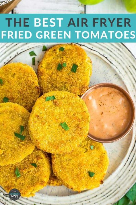 Crispy, crunchy, and delicious, these Air Fryer Green Tomatoes will be a huge hit! Perfect as a fast appetizer or a side dish, healthy fried green tomatoes are sure to become a family favorite. No air fryer? We have alternative cooking methods too! Fryer Green Tomatoes, Air Fryer Green Tomatoes, Air Fryer Fried Green Tomatoes, Fried Green Tomatoes Recipe Easy, Fast Appetizers, Fried Green Tomatoes Recipe, Green Tomato Recipes, The Best Air Fryer, Fried Tomatoes