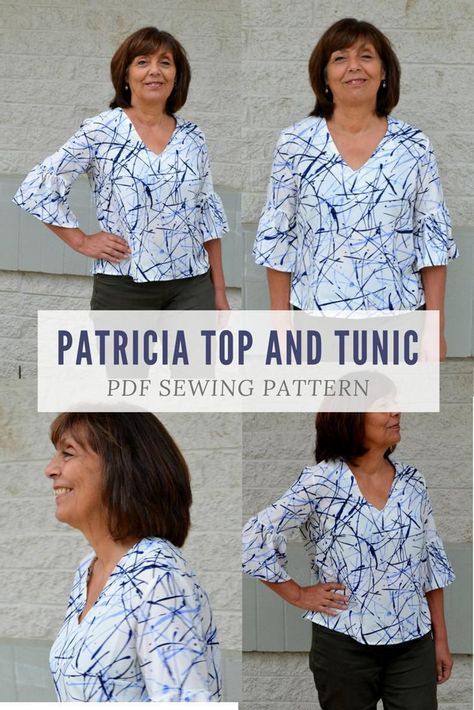 Patricia Top and Tunic PDF Sewing Pattern and Printable Sewing Tutorial for Women Including Plus Sizes. - Etsy Make For Beginners, Tunic Sewing Patterns, Plus Size Sewing Patterns, Sewing Tops, Sewing Projects Clothes, Printable Sewing Patterns, Tunic Pattern, Pretty Top, Top Sewing Pattern