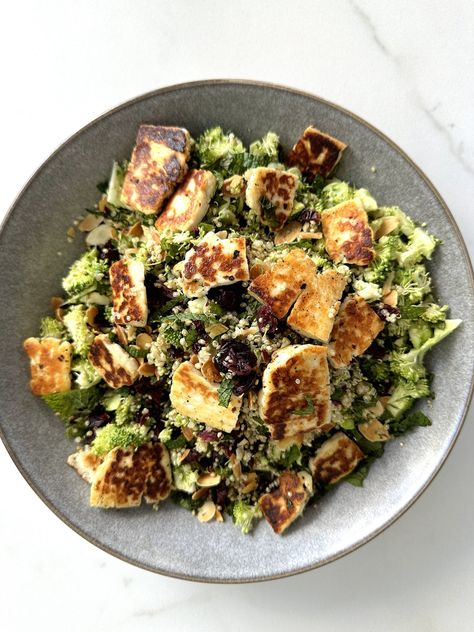 QUINOA, BROCCOLI, DRIED CRANBERRY & HALLOUMI SALAD — Wholesome by Sarah Halloumi Quinoa Salad, Quinoa Halloumi Salad, Broccoli Feta Salad, Erewhon Salad, Sorghum Salad, Brócoli Salad, Halloumi Salad Recipes, Cooking Halloumi, Quinoa Broccoli