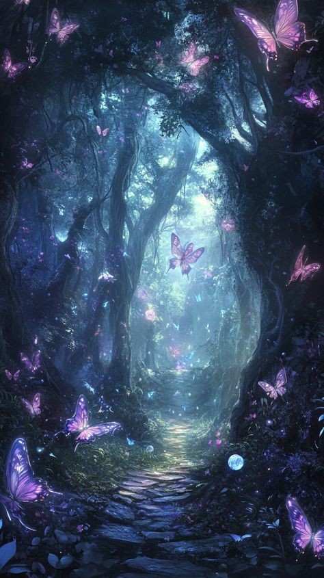 A mystical forest with glowing trees and floating crystal orbs, where iridescent butterflies dance in the moonlight, illuminating an ethereal path to a forgotten realm. Wizard Academy, Pretty Views, Crystal Orb, Imagine World, Mystical Places, Mystical Forest, Mystical World, Fantasy Artwork, Dragonflies