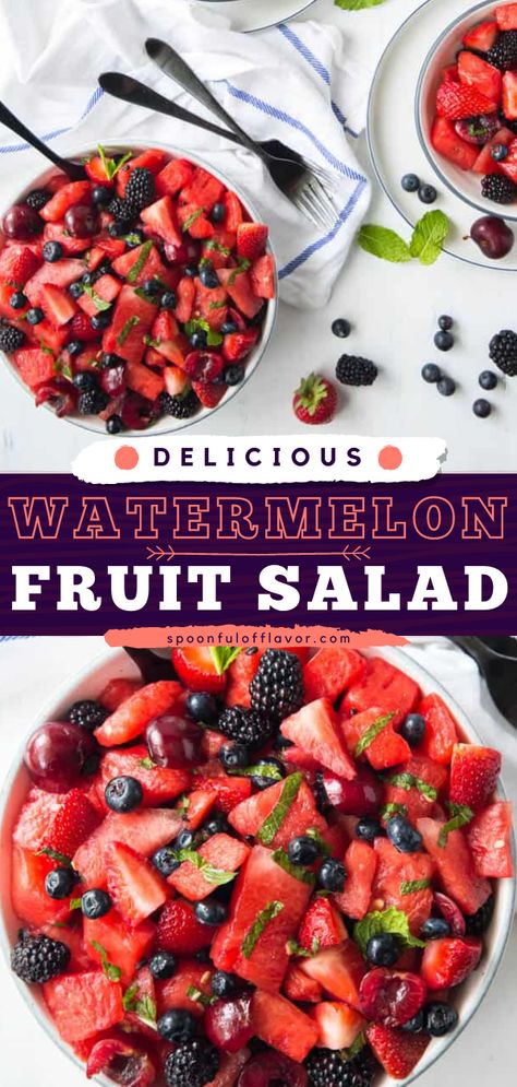 Watermelon Fruit Salad Fruit Salad Memorial Day, Fruit Salad Recipe With Watermelon, Fruit Salad Summer, Memorial Day Fruit Salad, Fruit Based Breakfast, 4th Of July Lunch Ideas, Healthy Memorial Day Food, 4th Of July Salads Ideas, Memorial Day Salads