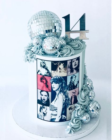 Taylor Swift-themed tall party cake with disco balls Taylor Swift Birthday Cake Eras Tour, Disco Ball Cake Ideas, Swiftie Birthday Cake, Taylor Birthday Cake, Taylor Swift Eras Cake, Taylor Swift Themed Birthday Cake, Taylor Swift Birthday Party Ideas Cake, Taylor Swift Cakes Birthday, Taylor Swift Birthday Cake Ideas