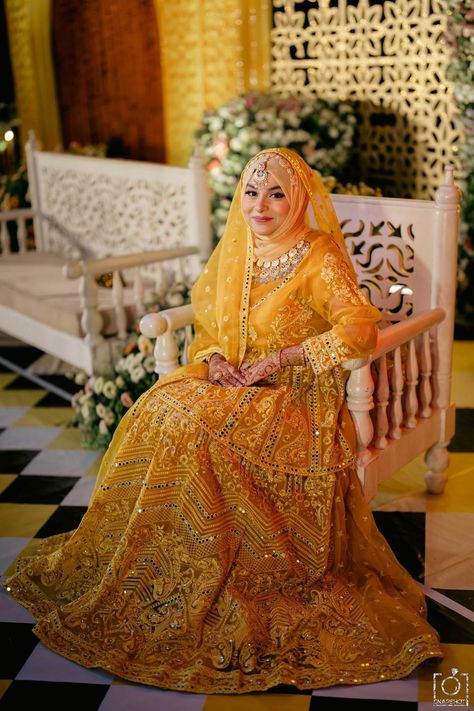 Haldi Ceremony Outfit For Bride Unique, Haldi Ceremony Outfit For Bride, Fancy Dress Patterns, Bridal Hijab Styles, Modesty Dress, Haldi Ceremony Outfit, Hijabi Brides, Red Bridal Dress, Wedding Dresses Indian