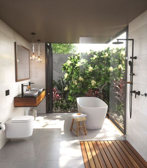 Indoor Outdoor Bathroom, Outdoor Bathroom Design, Pot Plants, Outdoor Bathrooms, 아파트 인테리어, Bathroom Trends, Hus Inspiration, Dream Bathrooms, Design Garden