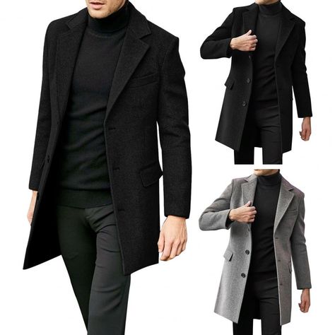 1Pc Warm Men Winter Suit Coat Lapel Flap Pockets Long Sleeve Blazer Single-breasted Mid-length Spring Jacket Men, Men Business Casual, British Style Men, Coat Spring, Winter Suit, Suit Coat, Elegant Man, Trench Jacket, England Fashion