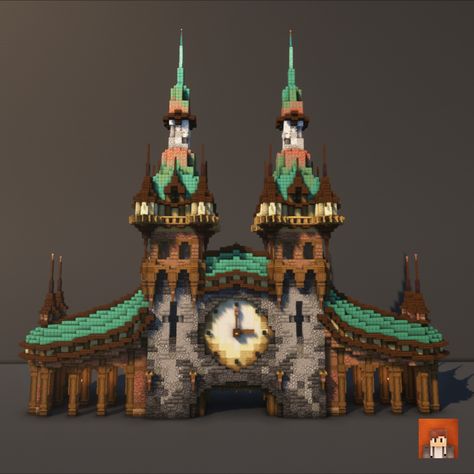 This is the front of a grand central station. It's all built in vanilla except some oak waterwheels from the create mod I used as decoration in the towers. The texture pack I use is 'Stay True' and shaders 'complementary shaders' #Minecraft #MinecraftBuilds #MinecraftHouse #minecraftbuildingideas #Victorian #MinecraftBase #fantasy #minecraftcastle #MinecraftVictorian Minecraft Clocktowers, Minecraft Tower Bridge, Alice In Wonderland Minecraft Builds, Steampunk Tower Minecraft, Minecraft Guard Tower, Minecraft Harry Potter Builds, Minecraft Pavilion, Waterwheel Minecraft, Minecraft Minecart Station