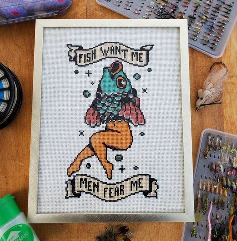 Fishing Cross Stitch, Fish Cross Stitch, Geeky Cross Stitch Patterns, Tattoo Cross, Geeky Cross Stitch, Funny Cross Stitch, Funny Cross Stitch Patterns, Subversive Cross Stitch, Stitch Gift