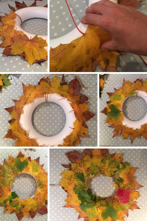 Craft A Cheap and easy Autumn door wreath Autumn Door Wreath, Natural Autumn Wreath, Autumn Crochet Wreath, Autumn Leaf Wreath, Acorn Ideas, Autumn Paper Leaf Wreath, Conkers Craft, Crocheted Autumn Wreath, Leaves Crafts