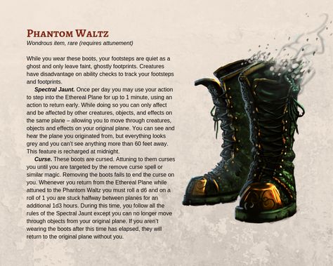 Magic Items For Rogues, Dnd Magic Items Rogue, Dnd Magic Items Homebrew Rogue, Dnd 5e Homebrew Boots, Dnd Necromancy Items, Warlock Magic Items 5e, Dnd 5e Magic Items, Dnd Magic Items, Dnd Loot