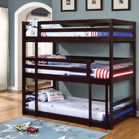 The Triple Decker triple twin bunk bed speaks for itself. Just look at the kid-capacity it offers. You'll easily have room for everyone with this space-saving design. The beds can also be separated into 3 individual twin beds or a double bunk bed and one twin bed. The Cappuccino finish makes it easy to coordinate your decor for a boy or girl. Bunk Bed Ideas Diy, Bunk Beds Small Room, Triple Bed, Triple Bunk Beds, Double Bunk Beds, Modern Bunk Beds, Triple Bunk Bed, Triple Bunk, Murphy Bed Plans