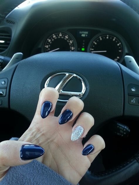 My nails. #Navy #Glitz #Stiletto Nails Navy, Blue Prom Nails, Future Nails, Blue And Silver Nails, Hoco Nails, Navy Nails, Blue Glitter Nails, Navy Blue Nails, Prom 2024