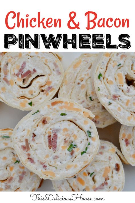 The ultimate make-ahead party appetizer, Chicken Bacon Ranch Pinwheels are super easy to make and such a crowd pleaser. Rotisserie chicken, cream cheese, bacon, cheddar, and ranch seasoning all rolled into a flatbread or tortilla. #pinwheelappetzier #superbowlpartyfood Southwest Chicken Pinwheels, Cracked Chicken Pinwheels, Party Pinwheels Recipe, Chicken Cream Cheese Bacon, Chicken Salad Pinwheels, Rotisserie Chicken Cream Cheese, Chicken Bacon Ranch Pinwheels, Bacon Ranch Pinwheels, Wonton Appetizer Recipes