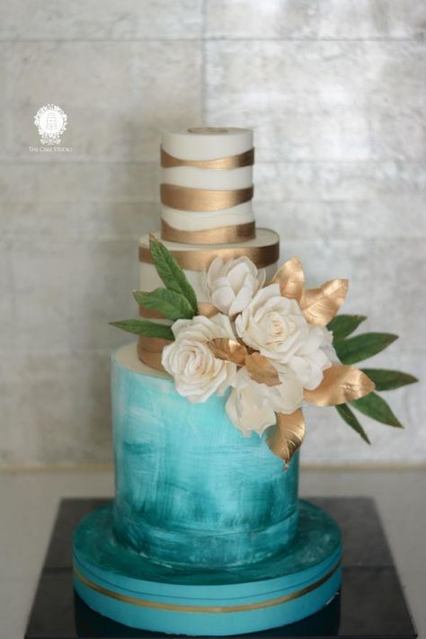 Teal White an Gold Cake - cake by Sugarpixy Teal And Gold Quinceanera Theme, Teal And Gold Party, Teal And Gold Cake, Teal And Gold Wedding, Quinceañera Cakes, Gold Wedding Cakes, Teal And Grey Wedding, Gold And White Cake, Teal Cake