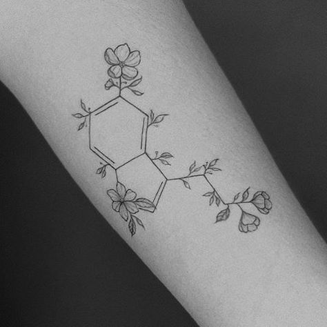 Serotonin Chemical Structure Tattoo, Serotonin Floral Tattoo, Seratonin Small Tattoo With Flowers, Pharmacist Tattoo Ideas, Epinephrine Tattoo, Serotonin Molecule Tattoo Flower, Dopamine Tattoo Flower, Estrogen Tattoo, Pharmacist Tattoo