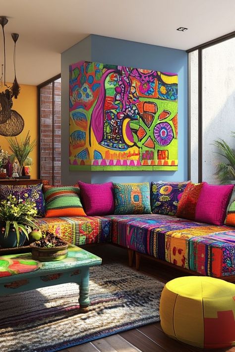 Add a pop of color to your decor for a bold and vibrant space full of personality. #ColorfulDecor #BoldStyle #StatementSpaces Cozy Colorful Living Room, Pop Decor, Colorful Rooms, Colorful Living Room, Funky Living Rooms, Sofa Makeover, Mural Art Design, Redecorating Ideas, Cozy Living Room Design