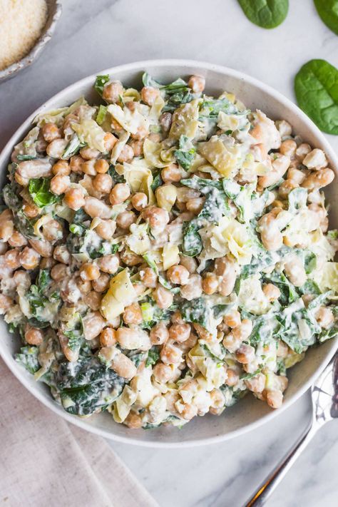 Spinach Artichoke Dense Bean Salad - So Happy You Liked It Artichoke Bean Salad, Low Carb Beans, Salad Chopped, Bean Salads, Artichoke Salad, Clean Eating Soup, Protein Salad, Simple Vinaigrette, Bean Salad Recipes