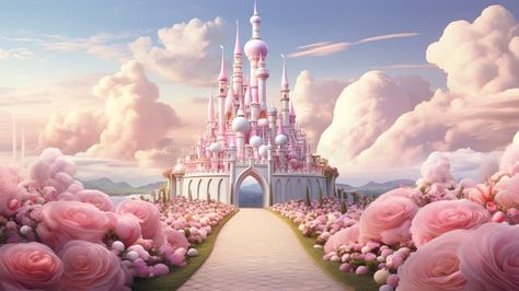 A fabulous pink castle with a path of lush flowers and cotton candy clouds stock photo Fairytale Background, Clouds Pink, Candy Castle, Candy Clouds, Pink Castle, Cotton Candy Clouds, Vector Flowers, Beautiful Fantasy Art, Pink Candy