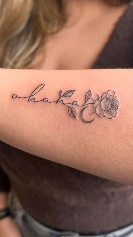 Small Ohana Tattoo Ideas Simple, Cute Ohana Tattoos, Ohana Ankle Tattoo, Meaningful Hawaiian Tattoos, Ohana Matching Tattoos, Ohana Tattoos For Women, Tattoos That Mean Family, Family Wrist Tattoos, Ohana Wrist Tattoo