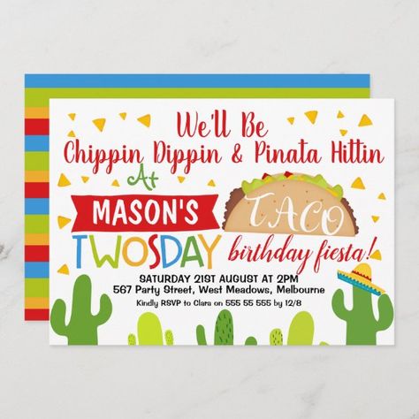 Boys Taco Twosday 2nd Birthday Party Invitation Taco Twosday Birthday Boy, Taco Twosday Birthday, Birthday Invitation Message, Second Birthday Boys, Cupcakes Graduation, Taco Twosday, Event Balloons, 2nd Birthday Party For Boys, 2nd Birthday Boys