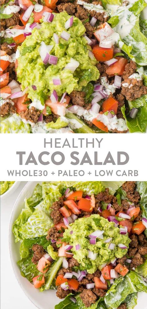 This healthy taco salad might be Whole30, paleo, and low carb, but it's oh so flavorful! Quick to throw together, it's versatile, too, and great for a quick Mexican dinner. #mexican #salad #whole30 #paleo #lowcarb Healthy Taco Salad, Dinner Mexican, Taco Salat, Healthy Taco, Mexican Salad, Healthy Tacos Salad, Paleo Salads, Taco Salad Recipes, Mexican Dinner Recipes