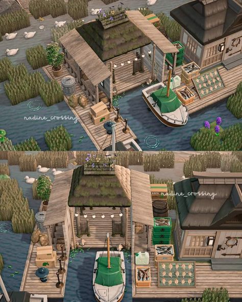 Riverside Animal Crossing, Acnh Deck Design Code Beach, Acnh Beach Ideas Citycore, Fishing Village Animal Crossing, Acnh Pnw Island, Acnh Fishing Village, Acnh Fishing Area, Acnh Seaside, Acnh Peninsula Ideas