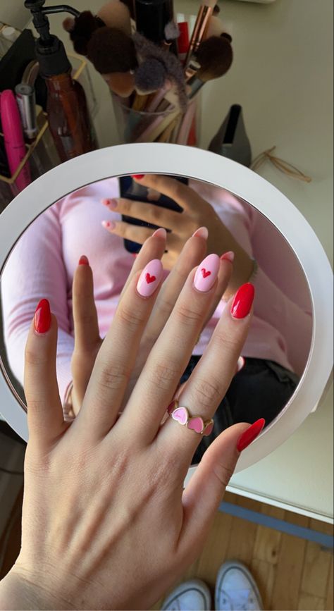 Simple Gel Valentines Day Nails, Valentines Nails To Do At Home, Simple Diy Valentine’s Day Nails, Pink Red Valentines Day Nails, Heart Nails Pink And Red, Easy Simple Valentines Nails, Pink Nails With Red Heart On Ring Finger, Red And Light Pink Nails, V Day Nails Simple