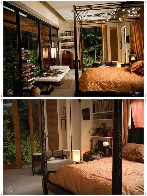 Yes, this is Edward's bedroom in the Twilight movies. No, I do not care. Everything about it is awesome... the floor-to-ceiling windows, the orante 4 poster bed, the french doors, the recessed/drop ceiling. Twilight House, I Do Not Care, Deco Studio, Twilight Movie, Edward Cullen, Floor To Ceiling Windows, The Twilight Saga, Twilight Saga, Dream Rooms