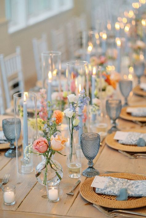 Flower Arrangements In Terracotta Pots, Dusty Blue And Pink Table Setting, Wedding Centerpiece Colorful, Blue And Pink Flowers Wedding, Sage Pink And Blue Wedding, Pink Orange Blue Wedding Theme, Simple Wedding Florals Table, Blue And Yellow Wedding Table Decor, Wedding Decor Pink And Blue