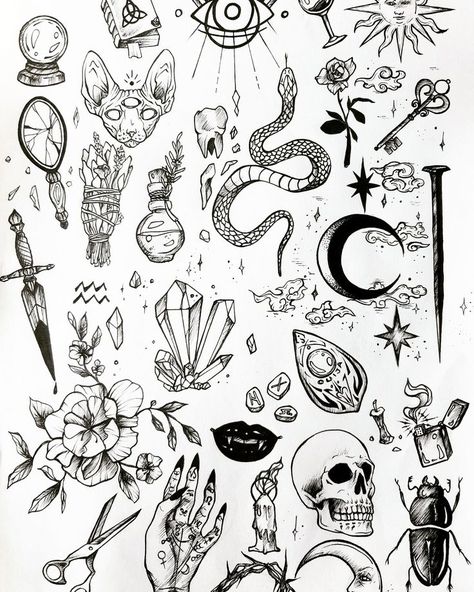 Flash Art Tattoos, Halloween Tattoo Flash, Tato Flash, Pola Tato, Goth Tattoo, 13 Tattoos, Kunst Tattoos, Men Tattoos, Witch Tattoo