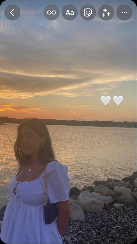 white dress, sunset at the beach, aesthetic, european summer, croatia, ig story inspiration, instagram story inspiration, beach, sea, ocean, boat, outfit idea, summer outfit idea, heart shaped, white heart, pure, cute girly outfit Croatia Instagram Story, Sunset At The Beach Aesthetic, Beach Ig Story, Story Inspiration Instagram, At The Beach Aesthetic, Beach Town Aesthetic, The Beach Aesthetic, Instagram Story Inspiration, Town Aesthetic