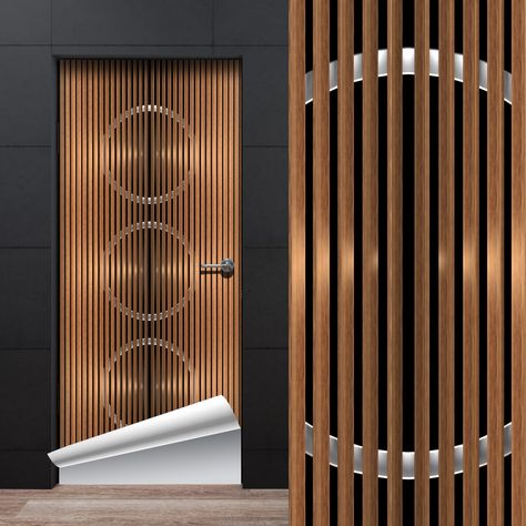 Modern Deco See through Door Wallpaper with vertical lines is designed for minimalist design lovers. The rich brown wood design thats backlit from behind wit aluminum rings, creates a soft almost voyeuristic transparency creates a very modern and cool atmosphere. Stylish Door Design, Modern Wood Doors, Plywood Door, Wooden Door Entrance, Door Design Ideas, Door Wallpaper, Contemporary Door, Stylish Doors, Wooden Main Door