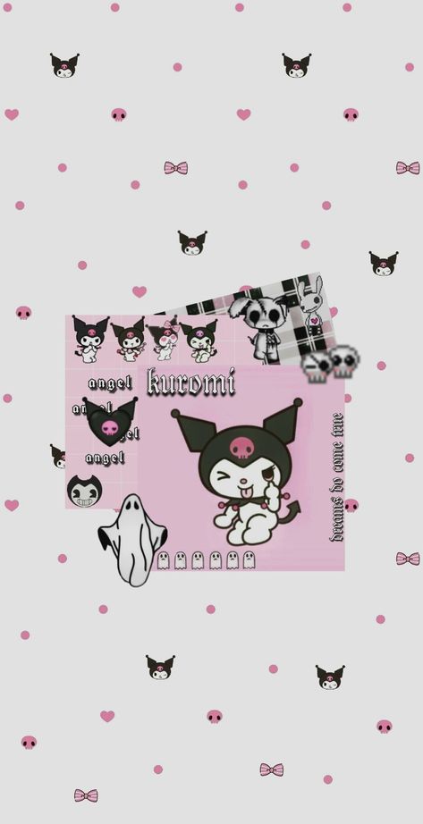 Korumi Wallpaper Pink, Korumi Wallpaper Black, Kuromi Goth Wallpaper, Kuromi Pattern Wallpaper, Kuromi Hd Wallpaper, Minimal Wallpaper, Halloween Pajamas, Iphone Lockscreen, Hello Kitty Backgrounds