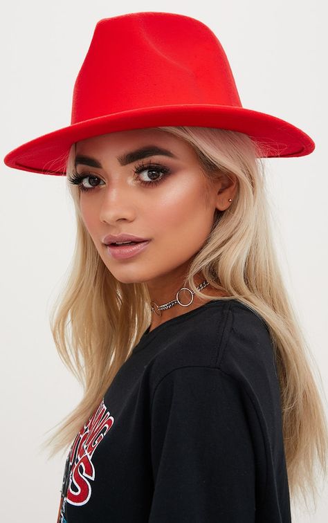 Tomato Red Felt Fedora Hat Red Fedora Hat, Womens Hats Fashion, 50s Fashion Casual, Red Fedora, Womens Clothing Websites, Felt Fedora, Women's Headwear, Statement Jewellery, Red Felt