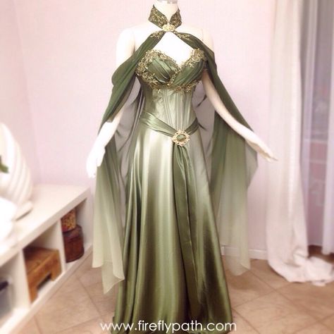 Halloween Elven Gown, Asgardian Dress, Firefly Path, Green Ball Gown, Elven Dress, Elf Dress, Maid Marian, Fantasy Clothes, Fantasy Dresses