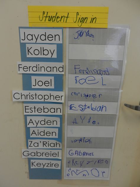 Student Sign in - Have the children sign their names each day as they enter the… Preschool Names, Sped Classroom, Spelling And Handwriting, Prek Classroom, Preschool Literacy, E Mc2, New Classroom, Classroom Setup, Beginning Of School