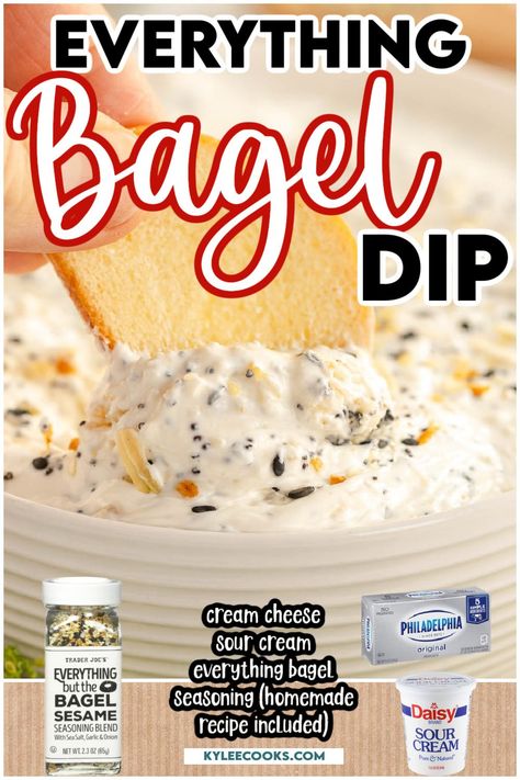 Everything Bagel Dip. Only 3 ingredients needed for this easy dip that's a flavor bomb! Cream cheese, sour cream and everything bagel seasoning blend perfectly for a creamy dip to enjoy with chips, pretzels, veggies and more. Make this for your next party! Everything Bagel Dip, Blue Cheese Dip Recipe, Bagel Dip, Healthy Finger Foods, Cream Cheese Dip, Delicious Dips, Homemade Dips, Easy Dip, Everything Bagel Seasoning