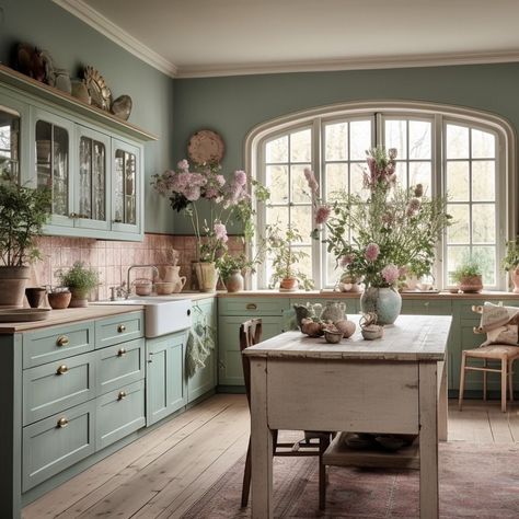 Cozy Cottage Kitchen, Cottage Kitchen Design, Dining Room Wallpaper, Casa Vintage, Cottage Kitchens, Green Cabinets, Cottage Kitchen, Green Kitchen, Küchen Design