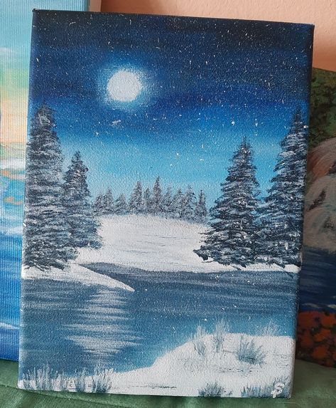 Snow Night Painting, Acrylic Winter Painting Ideas, Christmas Drawing Ideas Easy Canvas Paintings, Winter Forest Painting Easy, Acrylic Painting Ideas Winter, Easy Painting Ideas On Canvas Christmas Simple, Winter Acrylic Paintings Step By Step, Winter Easy Painting, Cute Winter Paintings